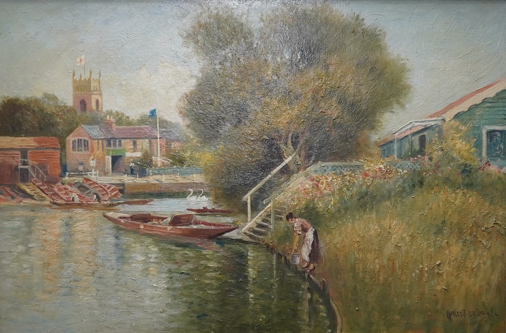 Charles John de Lacy (1856-1936), Church Island on the Thames, Staines, oil on canvas, 40 x 60cm